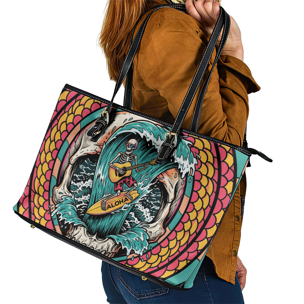 3D Illusion Surfing Skull Aloha Halloween Leather Tote Bag Tropical Guitarist Bones Wave