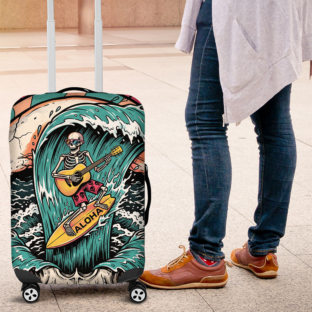 3D Illusion Surfing Skull Aloha Halloween Luggage Cover Tropical Guitarist Bones Wave