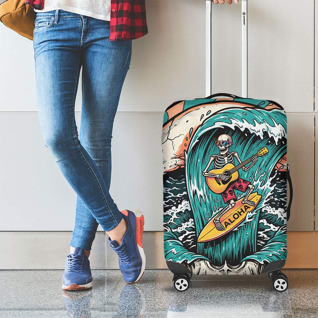 3D Illusion Surfing Skull Aloha Halloween Luggage Cover Tropical Guitarist Bones Wave