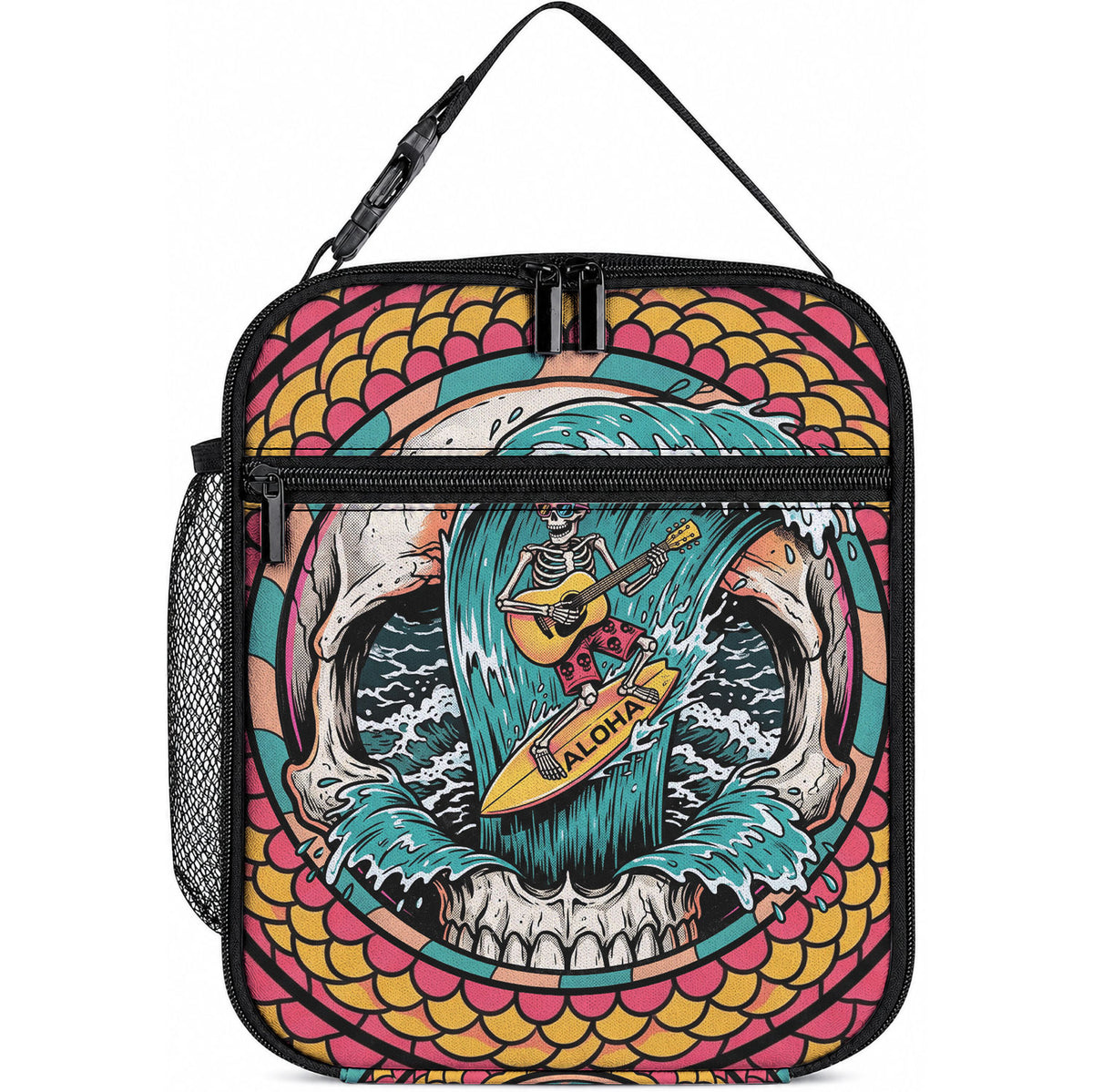 3D Illusion Surfing Skull Aloha Halloween Lunch Bag Tropical Guitarist Bones Wave