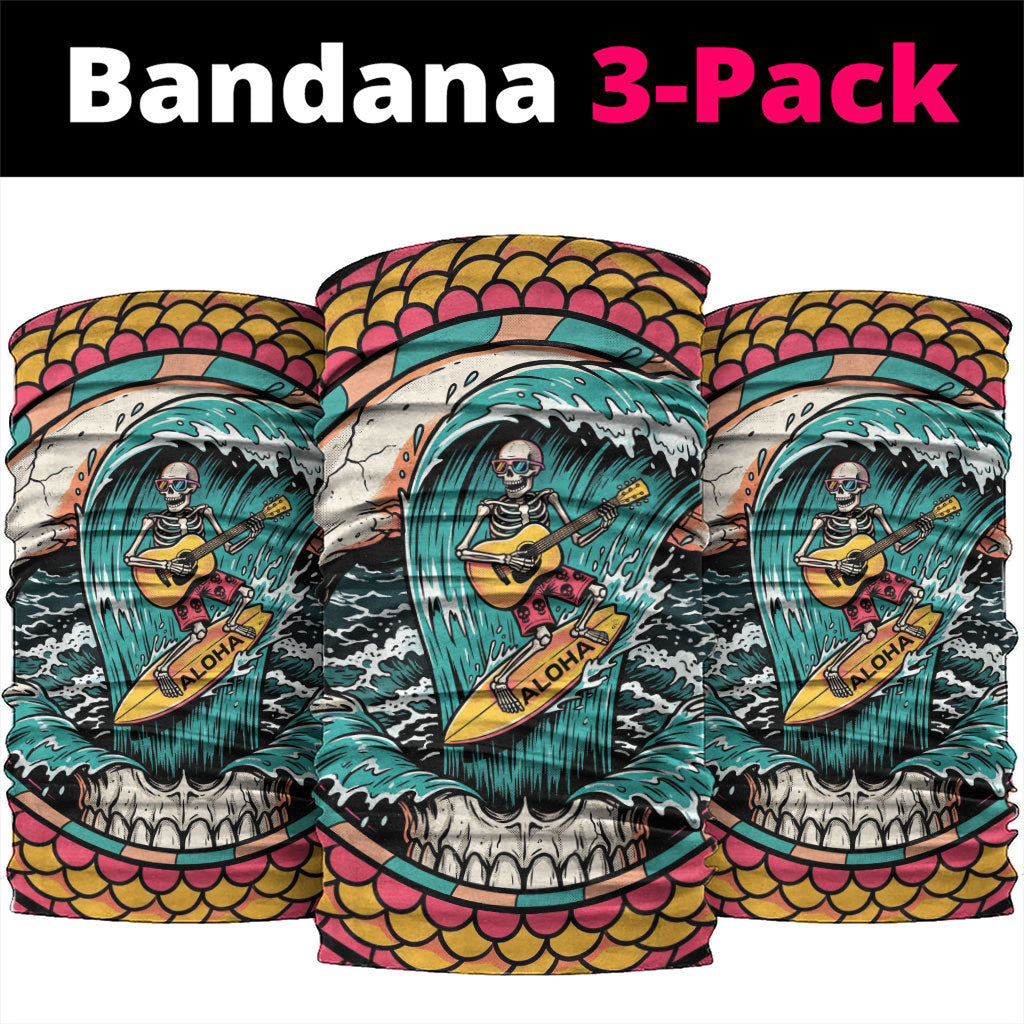 3D Illusion Surfing Skull Aloha Halloween Neck Gaiter Tropical Guitarist Bones Wave