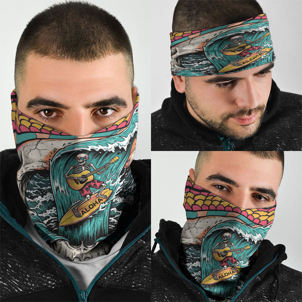 3D Illusion Surfing Skull Aloha Halloween Neck Gaiter Tropical Guitarist Bones Wave