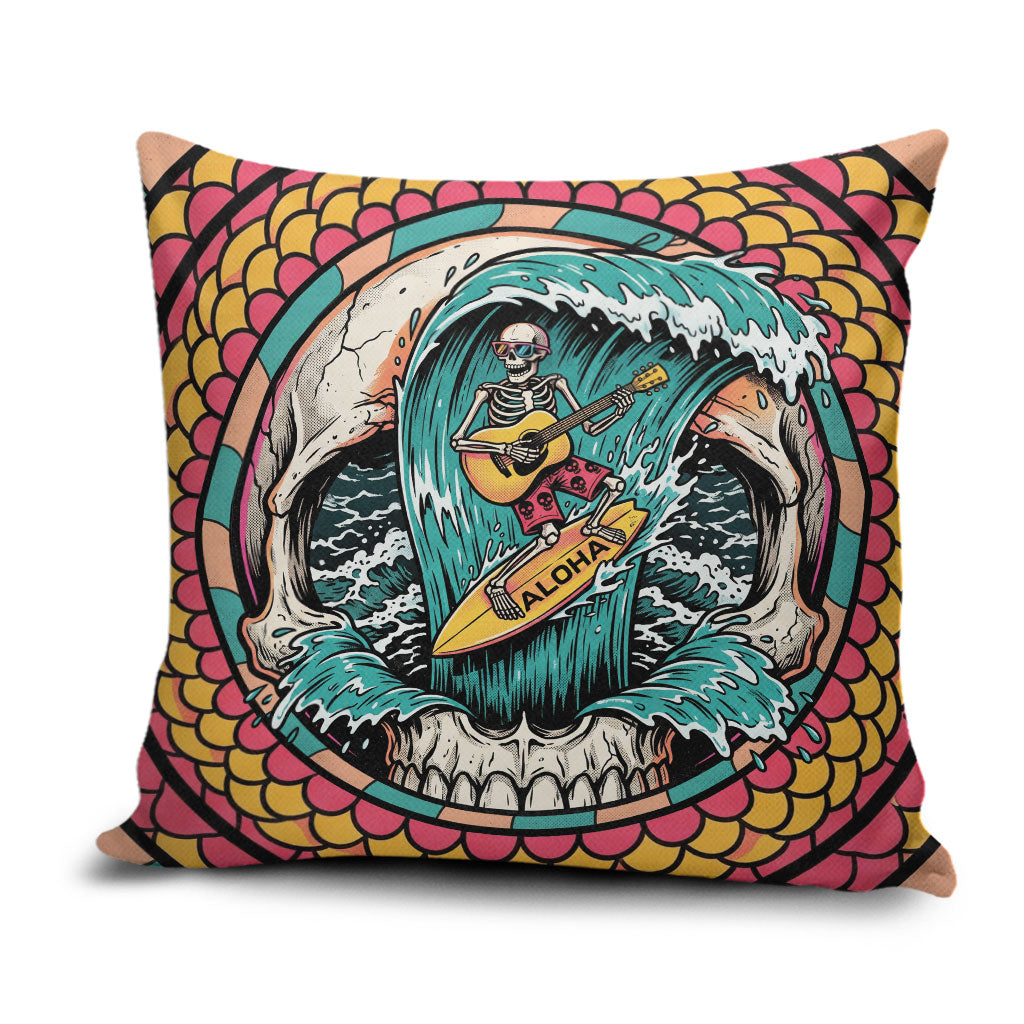 3D Illusion Surfing Skull Aloha Halloween Pillow Cover Tropical Guitarist Bones Wave