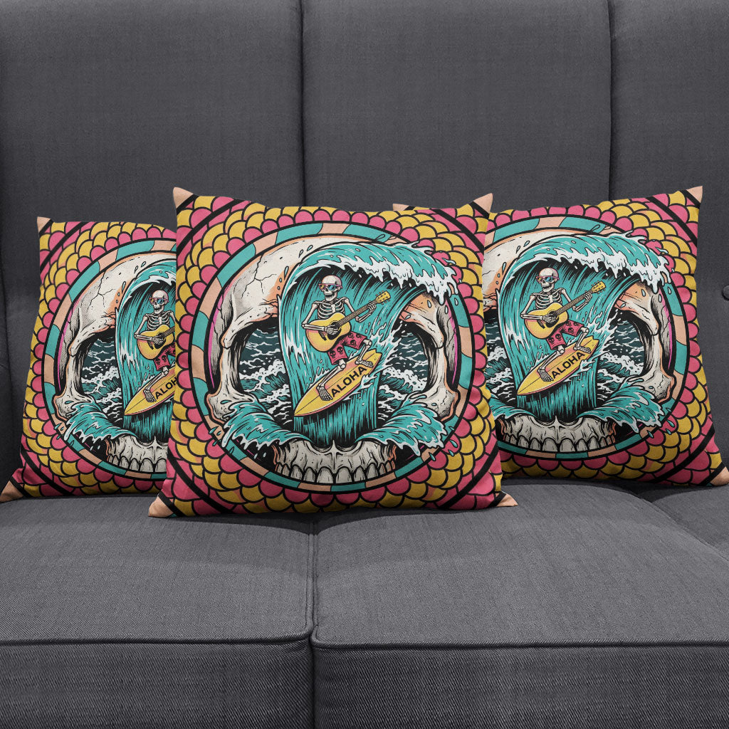 3D Illusion Surfing Skull Aloha Halloween Pillow Cover Tropical Guitarist Bones Wave
