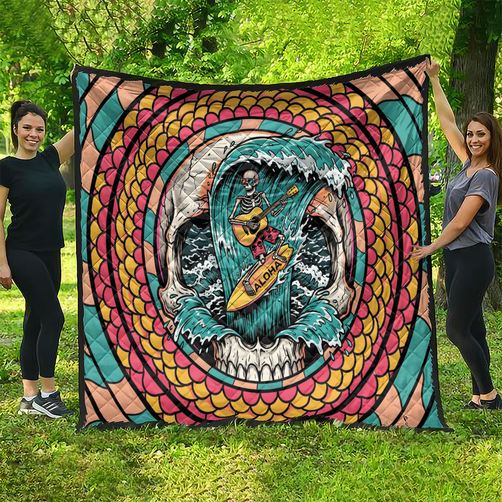 3D Illusion Surfing Skull Aloha Halloween Quilt Tropical Guitarist Bones Wave