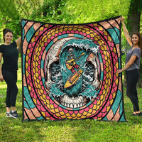 3D Illusion Surfing Skull Aloha Halloween Quilt Tropical Guitarist Bones Wave
