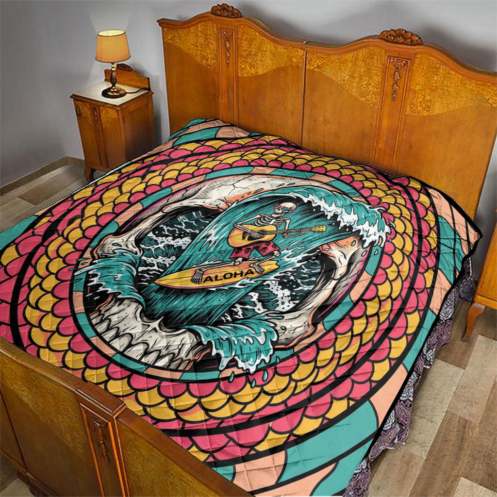 3D Illusion Surfing Skull Aloha Halloween Quilt Tropical Guitarist Bones Wave