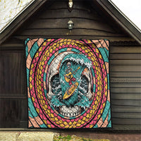 3D Illusion Surfing Skull Aloha Halloween Quilt Tropical Guitarist Bones Wave