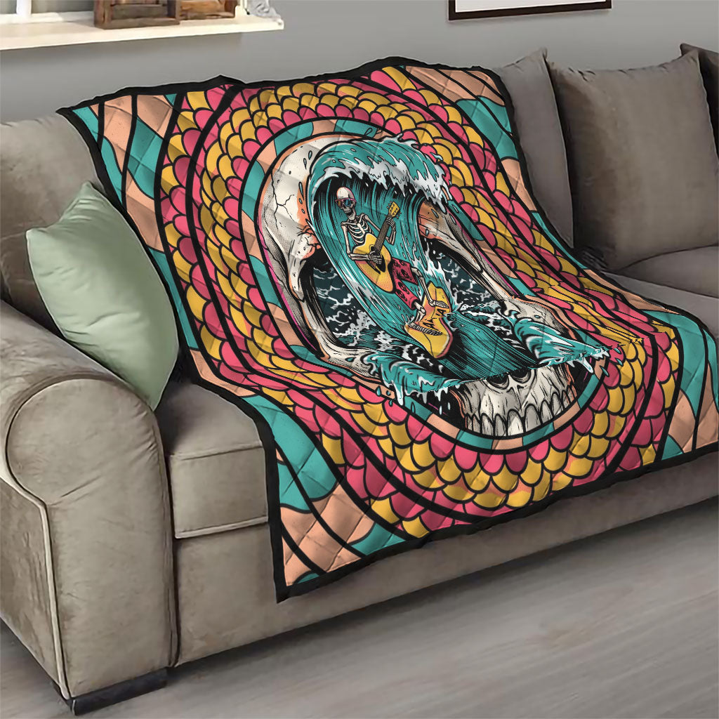 3D Illusion Surfing Skull Aloha Halloween Quilt Tropical Guitarist Bones Wave