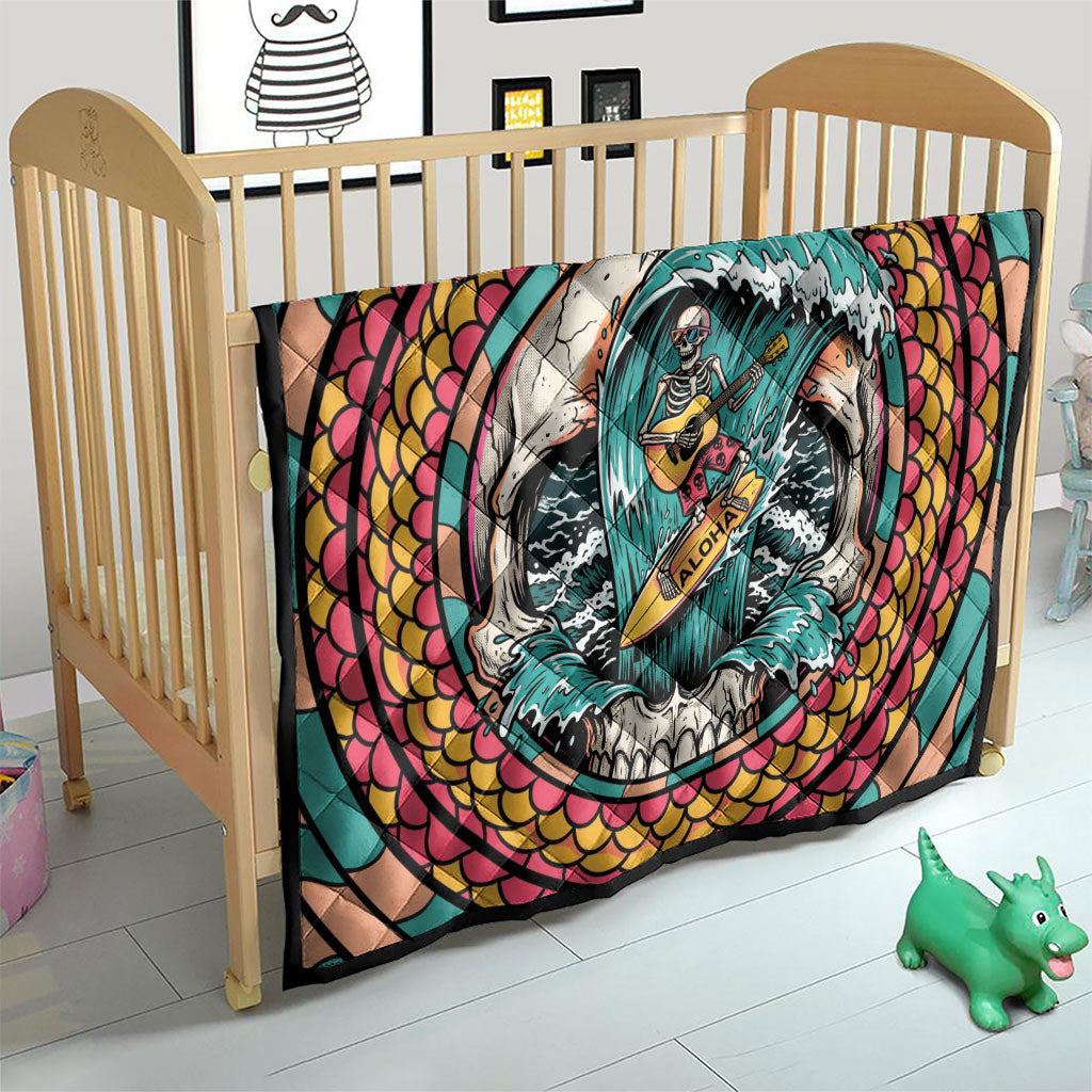 3D Illusion Surfing Skull Aloha Halloween Quilt Tropical Guitarist Bones Wave