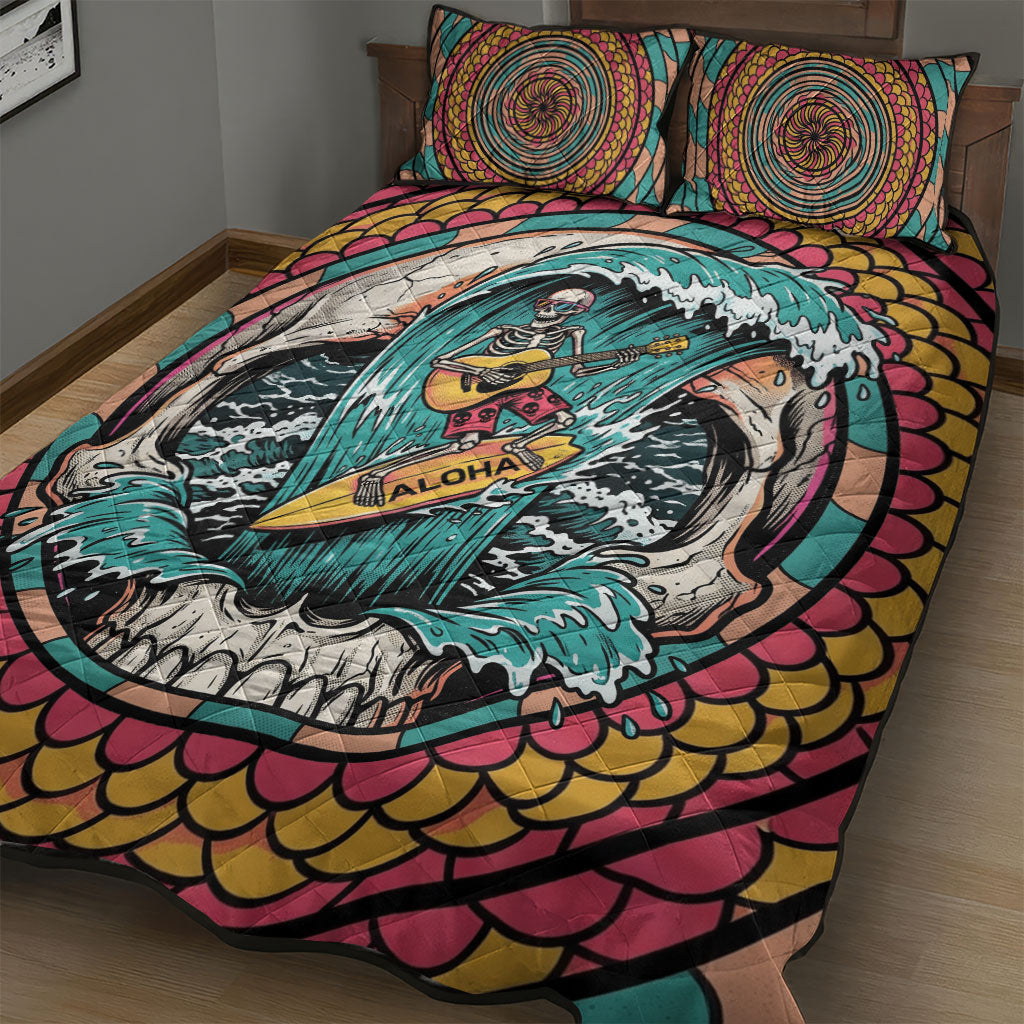 3D Illusion Surfing Skull Aloha Halloween Quilt Bed Set Tropical Guitarist Bones Wave