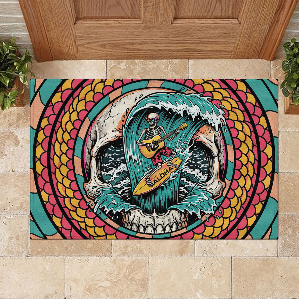 3D Illusion Surfing Skull Aloha Halloween Rubber Doormat Tropical Guitarist Bones Wave