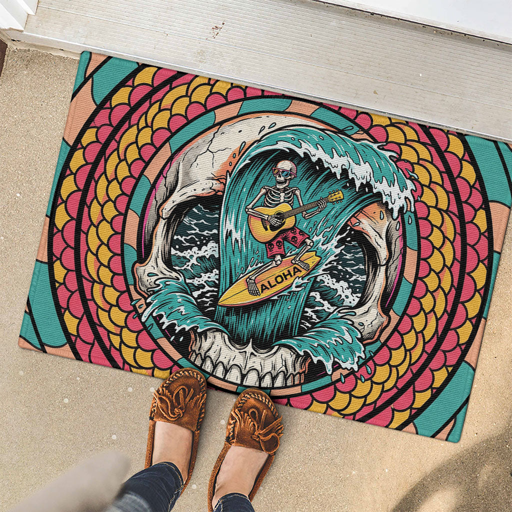 3D Illusion Surfing Skull Aloha Halloween Rubber Doormat Tropical Guitarist Bones Wave