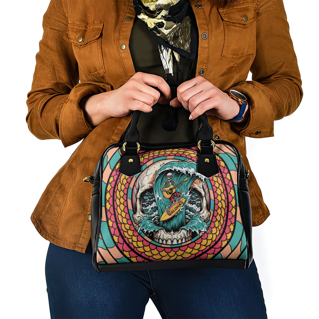 3D Illusion Surfing Skull Aloha Halloween Shoulder Handbag Tropical Guitarist Bones Wave