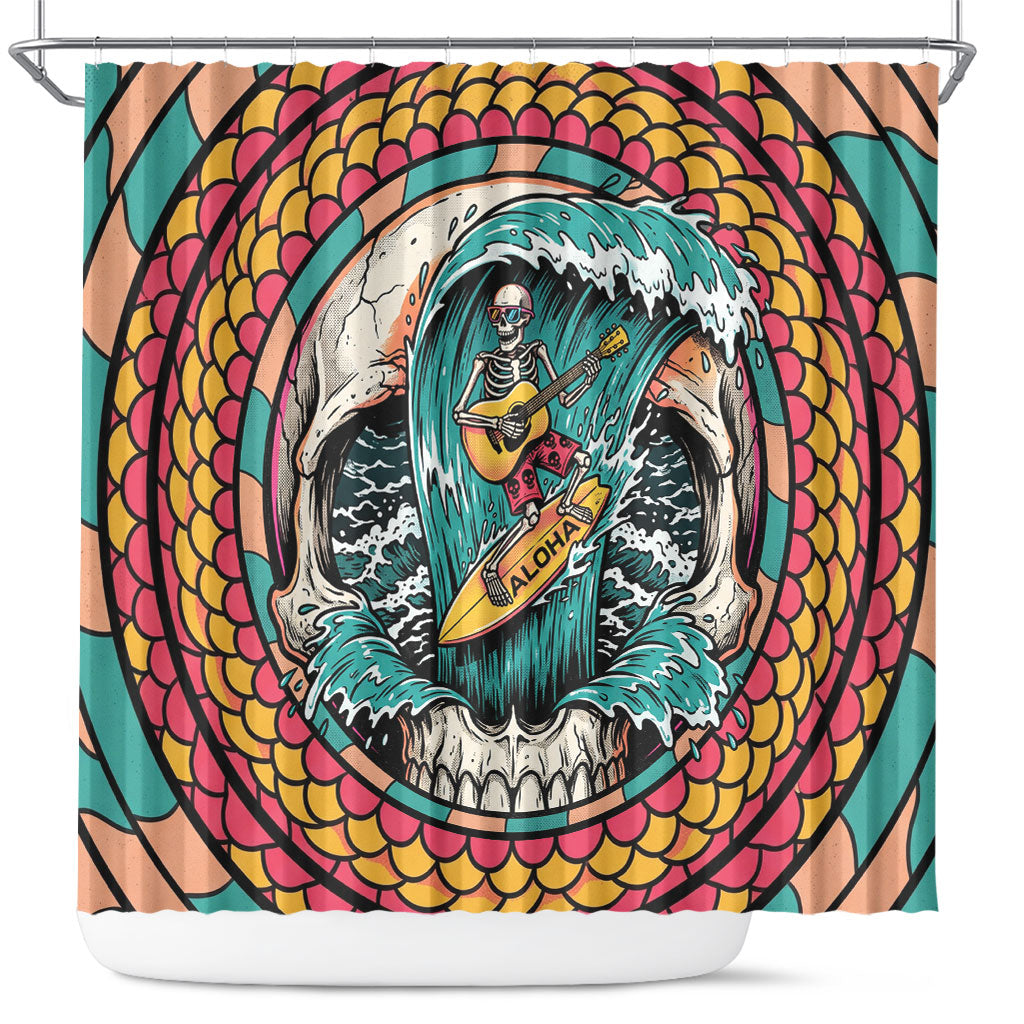 3D Illusion Surfing Skull Aloha Halloween Shower Curtain Tropical Guitarist Bones Wave