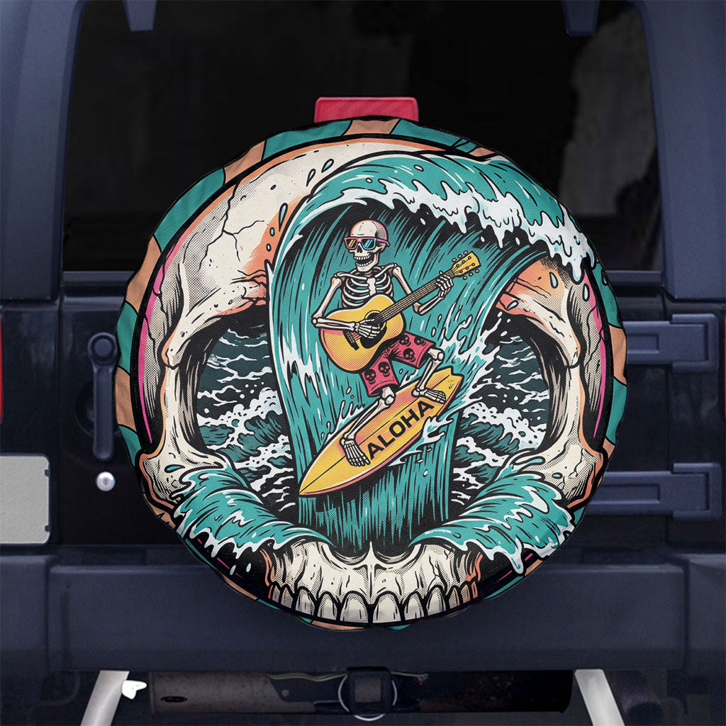 3D Illusion Surfing Skull Aloha Halloween Spare Tire Cover Tropical Guitarist Bones Wave DT05 No hole Blue - Polynesian Pride