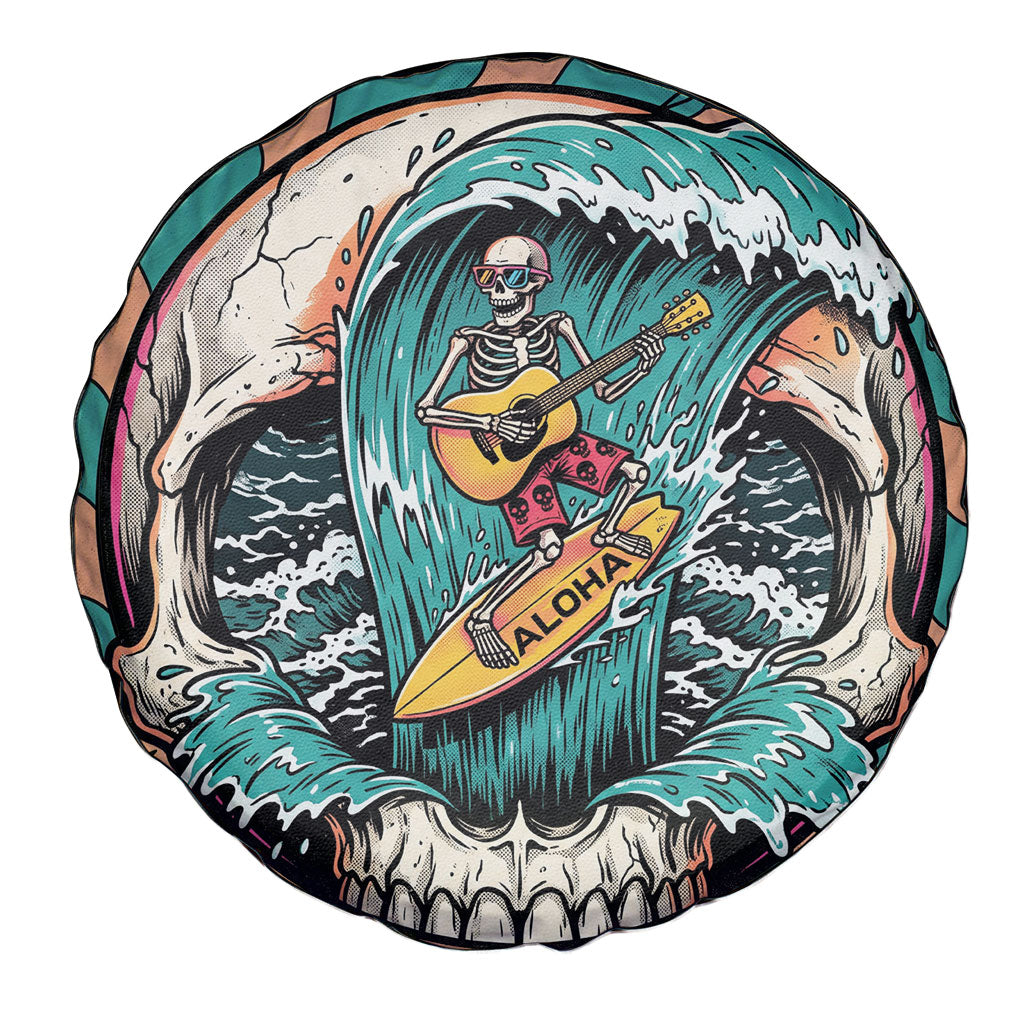 3D Illusion Surfing Skull Aloha Halloween Spare Tire Cover Tropical Guitarist Bones Wave
