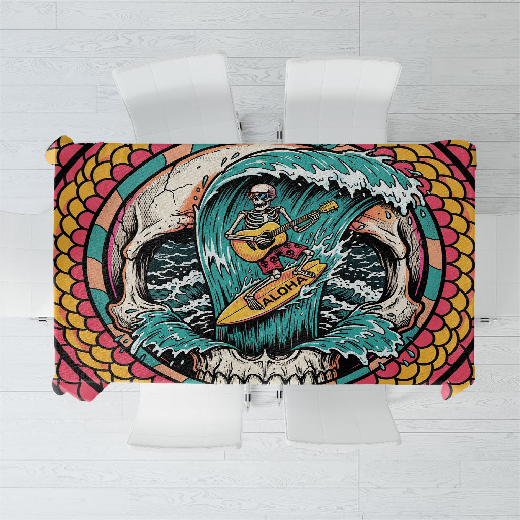 3D Illusion Surfing Skull Aloha Halloween Tablecloth Tropical Guitarist Bones Wave