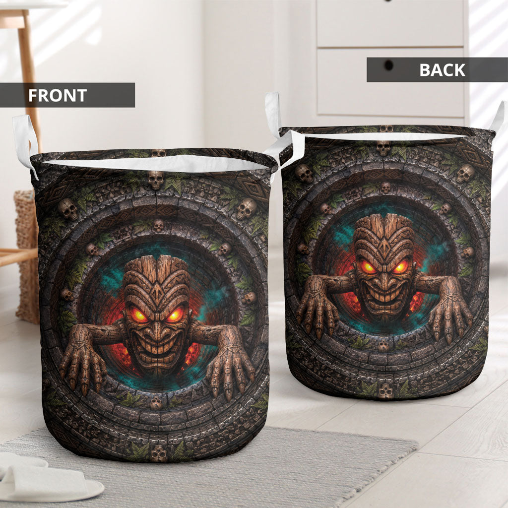 3D Illusion Haunted Tiki Totem Halloween Laundry Basket Polynesian Wood Spirit Fiery DT05 - Polynesian Pride
