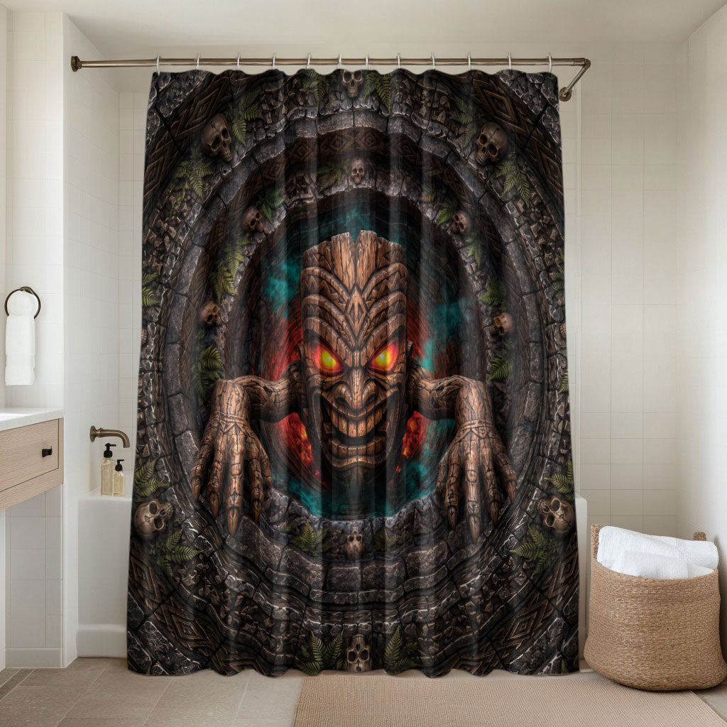 3D Illusion Haunted Tiki Totem Halloween Bathroom Set Polynesian Wood Spirit Fiery DT05 Shower Curtain Only Brown - Polynesian Pride