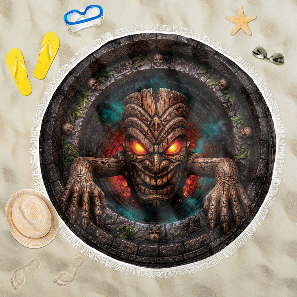 3D Illusion Haunted Tiki Totem Halloween Beach Blanket Polynesian Wood Spirit Fiery DT05 One Size 150cm Brown - Polynesian Pride