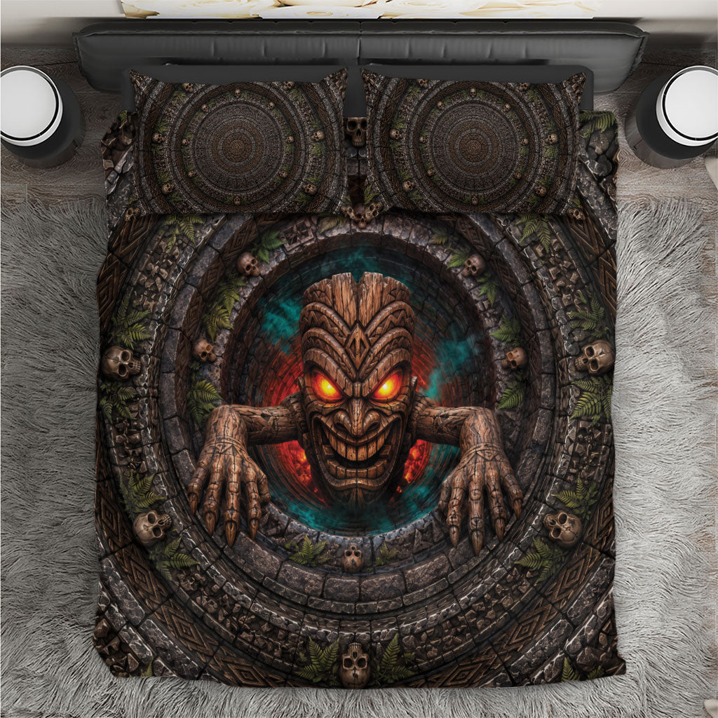3D Illusion Haunted Tiki Totem Halloween Bedding Set Polynesian Wood Spirit Fiery