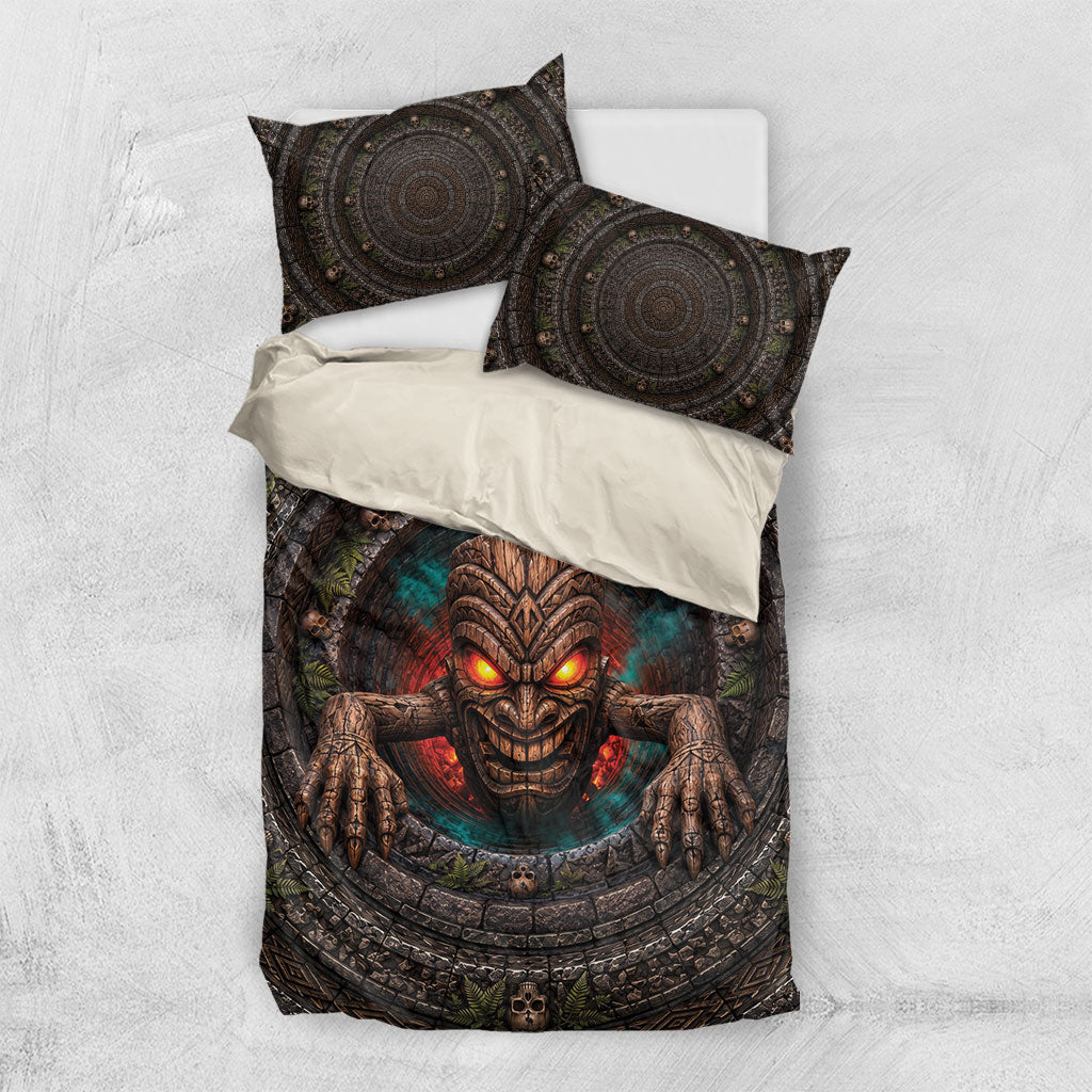 3D Illusion Haunted Tiki Totem Halloween Bedding Set Polynesian Wood Spirit Fiery DT05 US Twin 172cm x 218cm Brown - Polynesian Pride