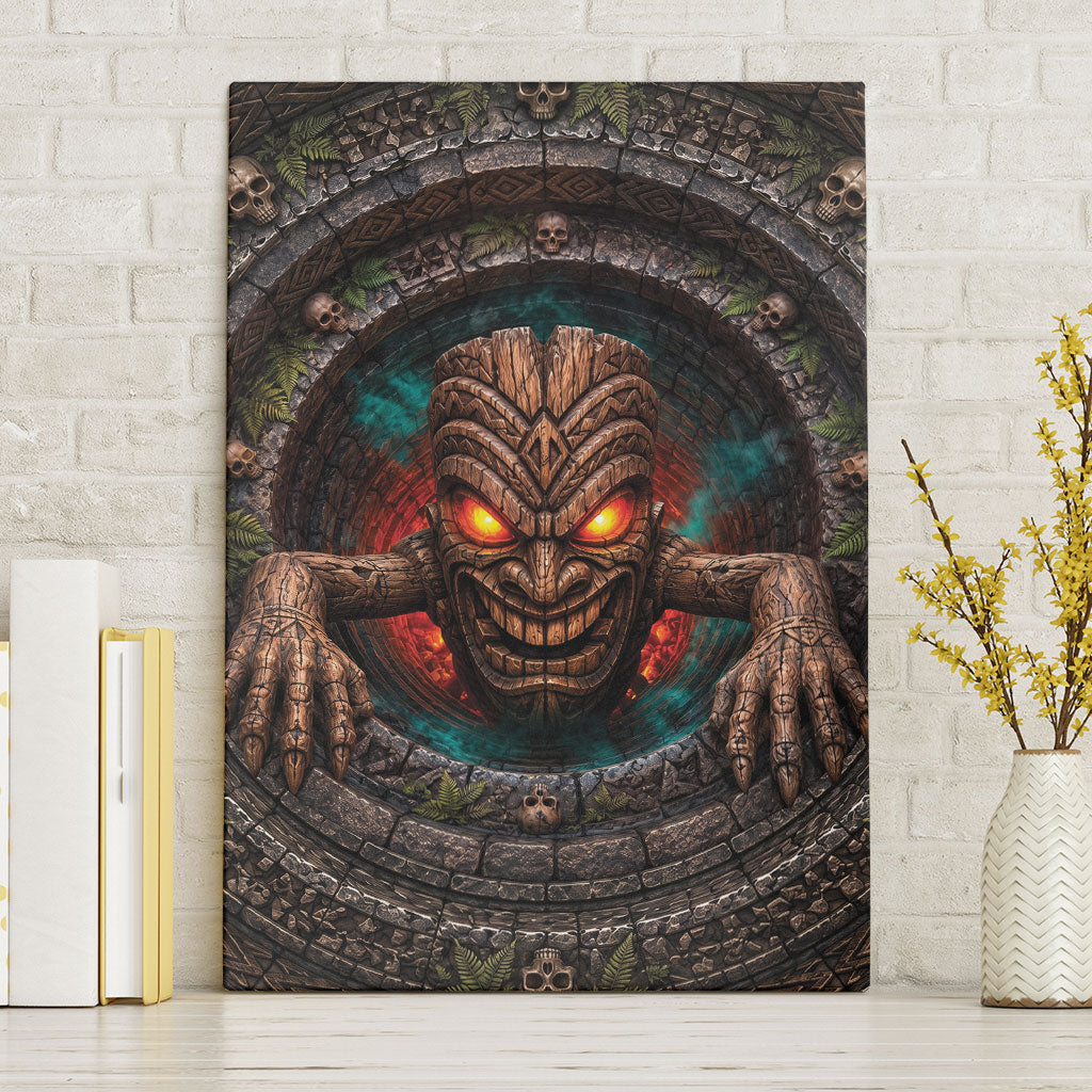 3D Illusion Haunted Tiki Totem Halloween Canvas Wall Art Polynesian Wood Spirit Fiery DT05 Without Frame Brown - Polynesian Pride