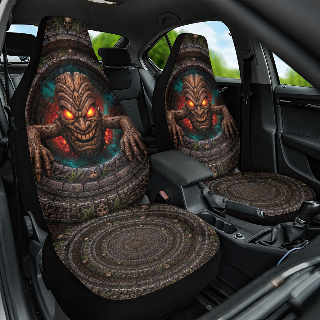 3D Illusion Haunted Tiki Totem Halloween Car Seat Cover Polynesian Wood Spirit Fiery