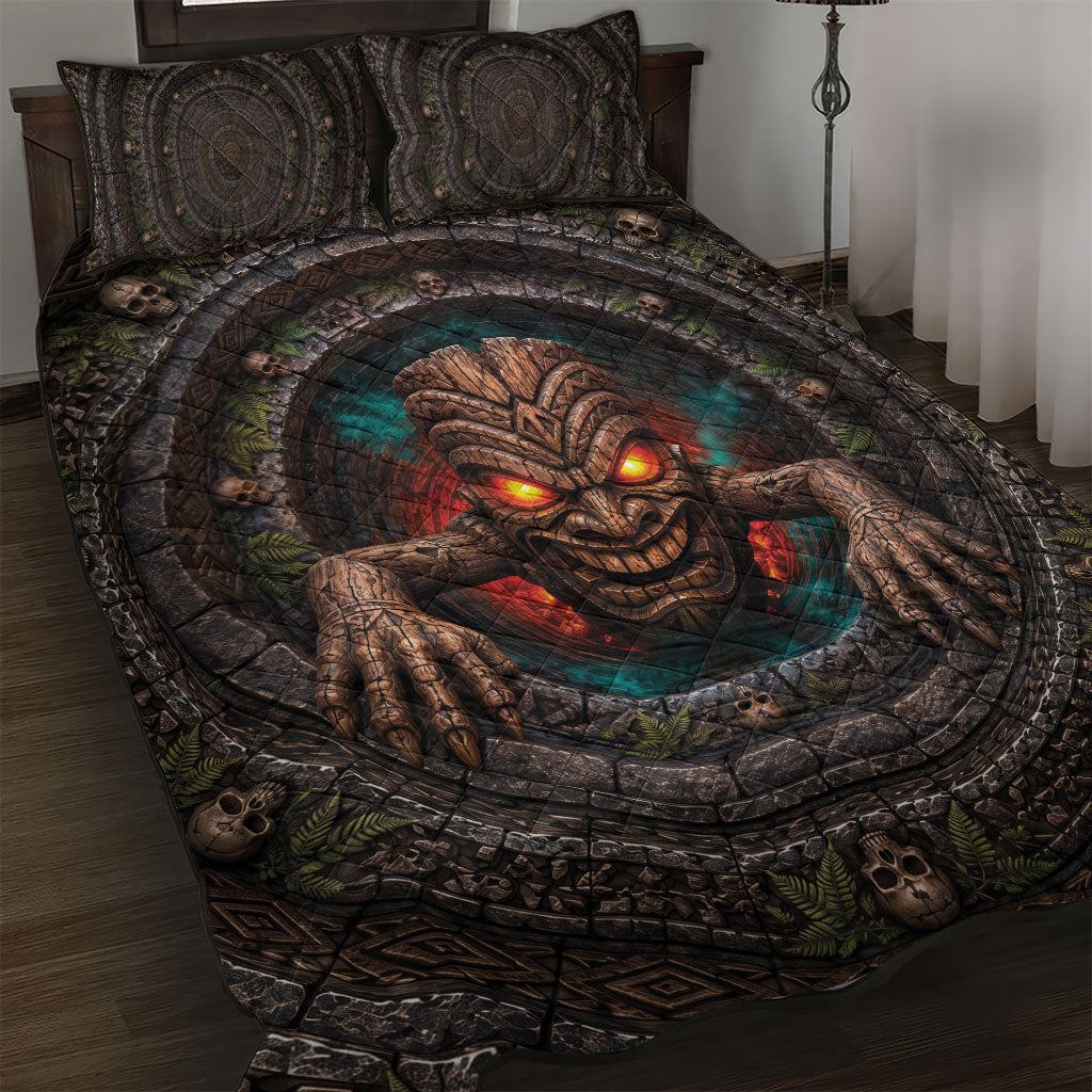 3D Illusion Haunted Tiki Totem Halloween Quilt Bed Set Polynesian Wood Spirit Fiery