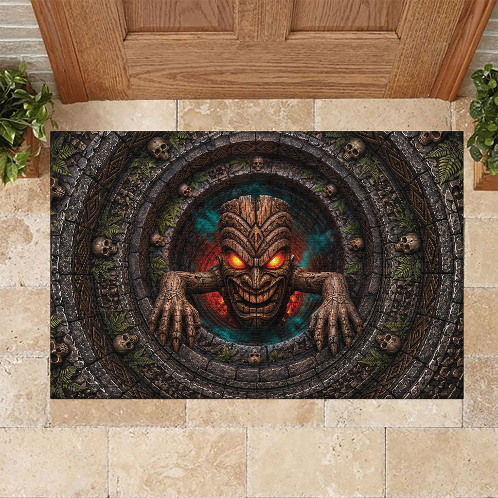 3D Illusion Haunted Tiki Totem Halloween Rubber Doormat Polynesian Wood Spirit Fiery