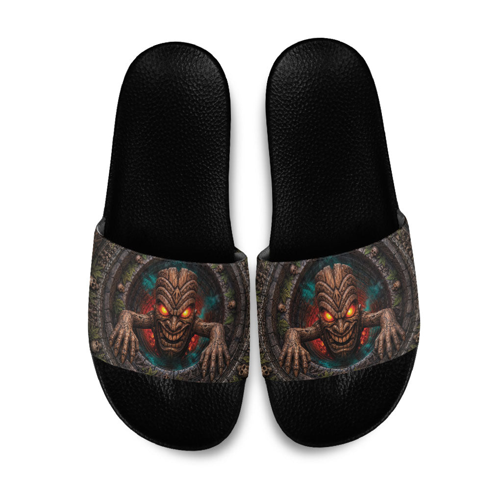 3D Illusion Haunted Tiki Totem Halloween Slide Sandals Polynesian Wood Spirit Fiery DT05 Brown - Polynesian Pride