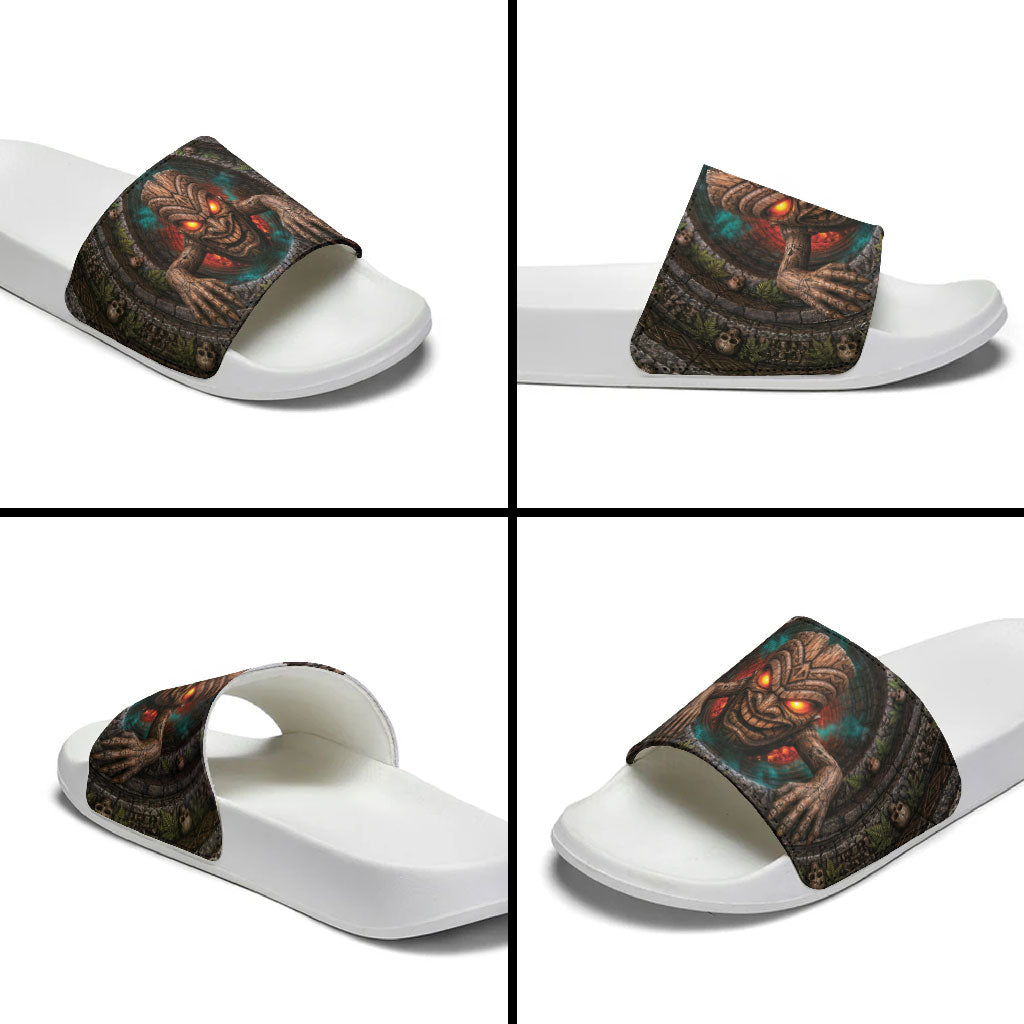 3D Illusion Haunted Tiki Totem Halloween Slide Sandals Polynesian Wood Spirit Fiery DT05 - Polynesian Pride