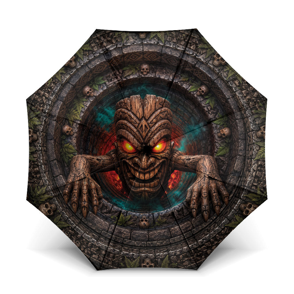 3D Illusion Haunted Tiki Totem Halloween Umbrella Polynesian Wood Spirit Fiery