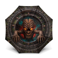 3D Illusion Haunted Tiki Totem Halloween Umbrella Polynesian Wood Spirit Fiery DT05 One Size Folded 11.42 inch Opened Diameter 37.4 inch Brown - Polynesian Pride
