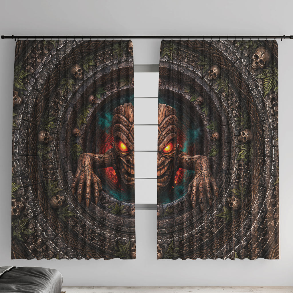 3D Illusion Haunted Tiki Totem Halloween Window Curtain Polynesian Wood Spirit Fiery DT05 With Hooks Brown - Polynesian Pride
