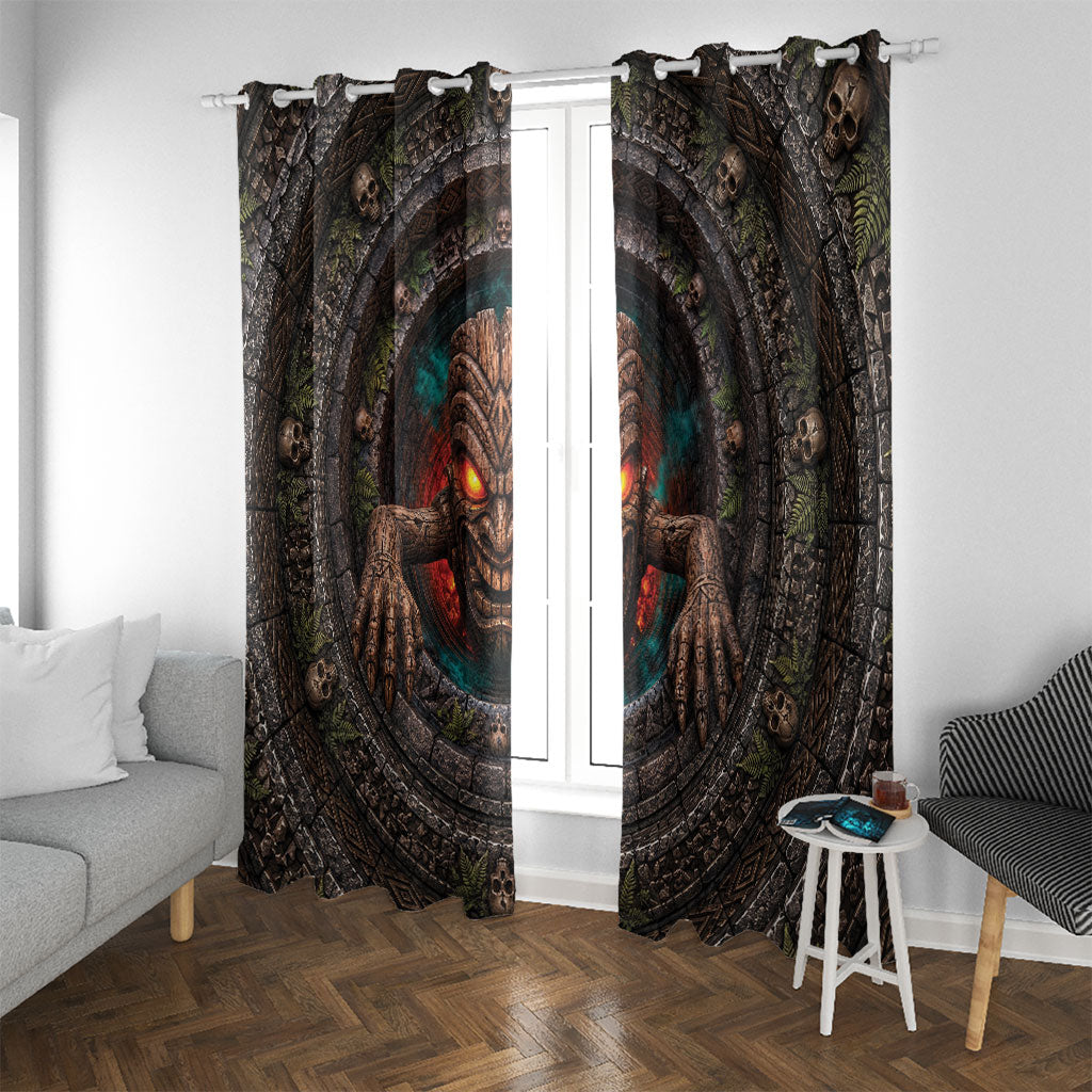 3D Illusion Haunted Tiki Totem Halloween Window Curtain Polynesian Wood Spirit Fiery DT05 With Grommets Brown - Polynesian Pride