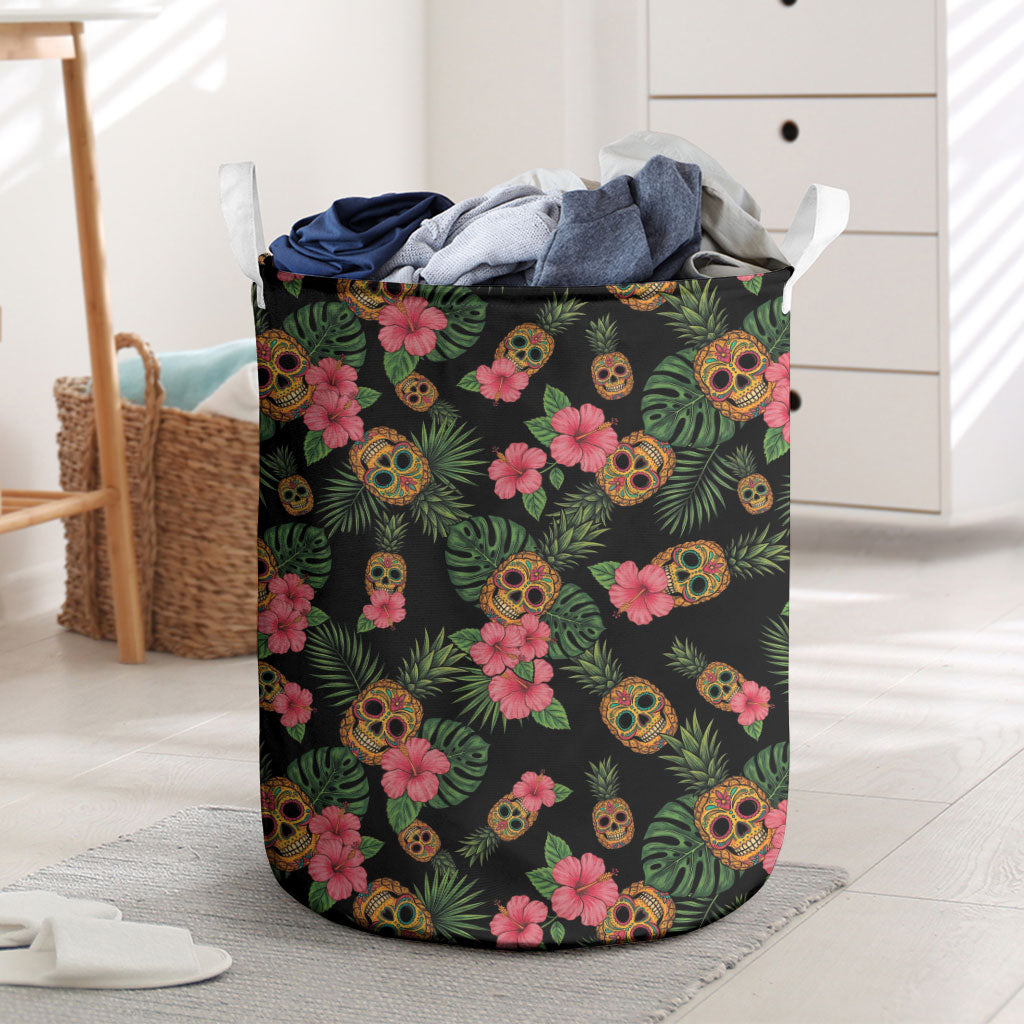 Tropical Calavera Hawaiian Laundry Basket Sugar Skull Pineapple Hibiscus Floral