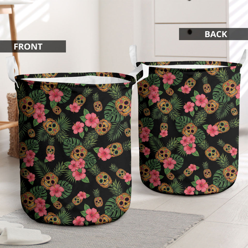 Tropical Calavera Hawaiian Laundry Basket Sugar Skull Pineapple Hibiscus Floral