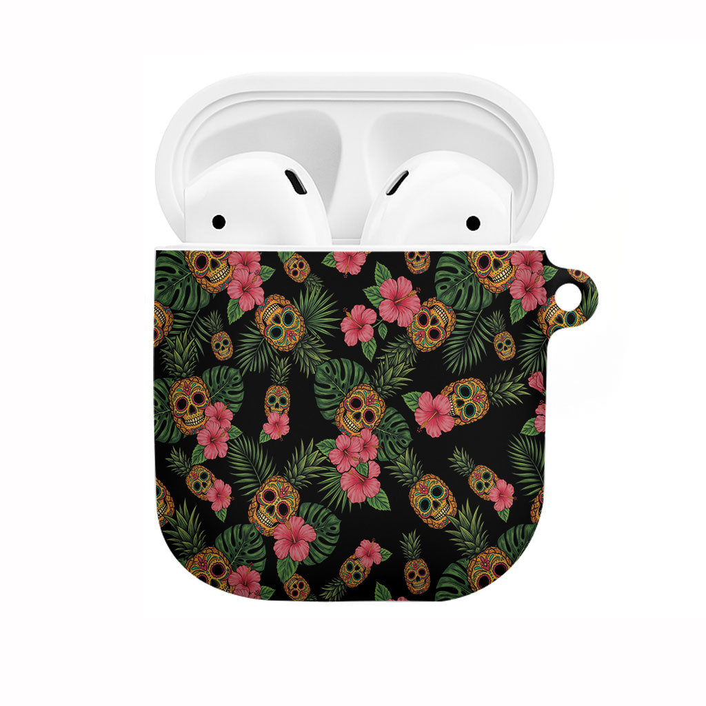 Tropical Calavera Hawaiian AirPods Case Sugar Skull Pineapple Hibiscus Floral DT05 Black - Polynesian Pride