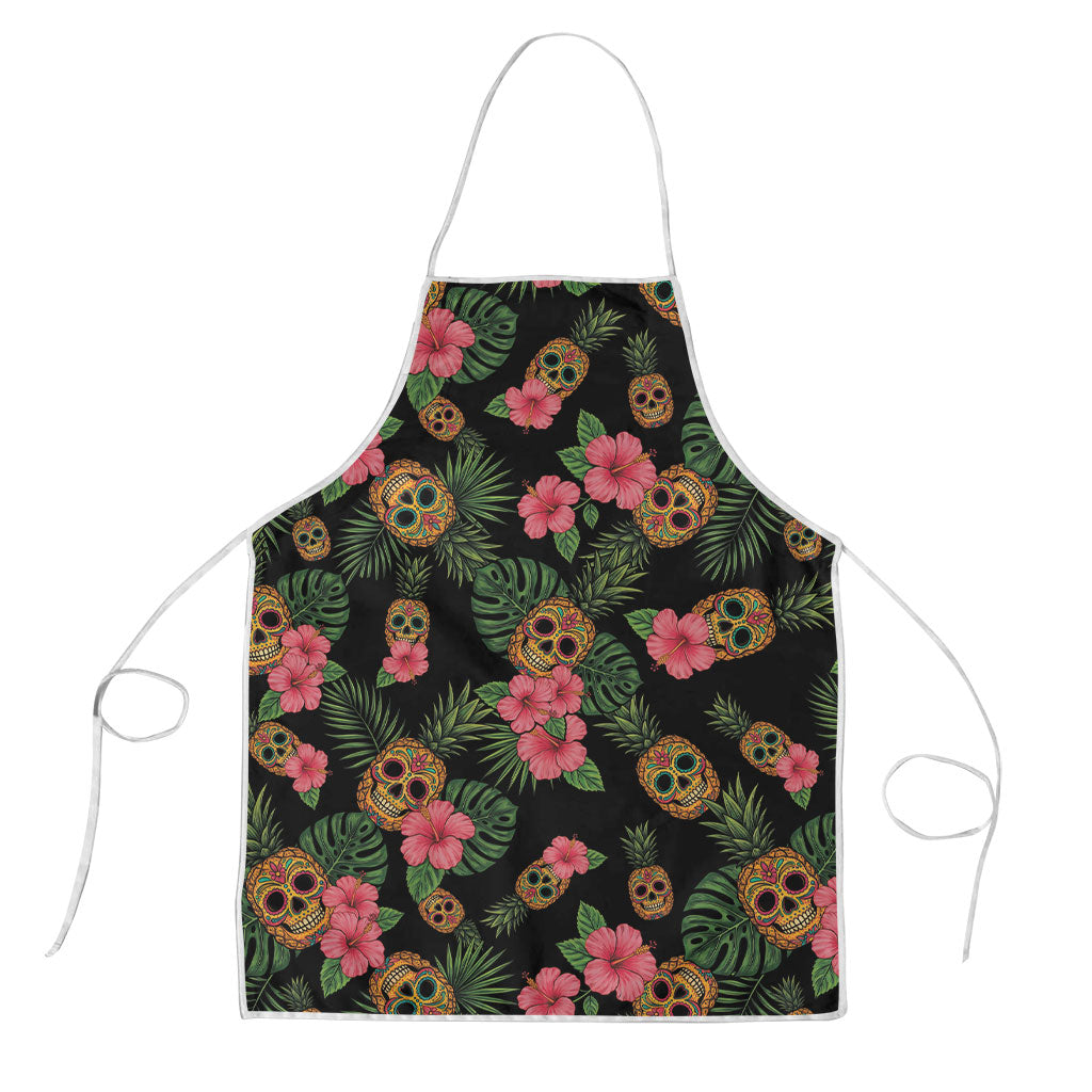 Tropical Calavera Hawaiian Apron Sugar Skull Pineapple Hibiscus Floral