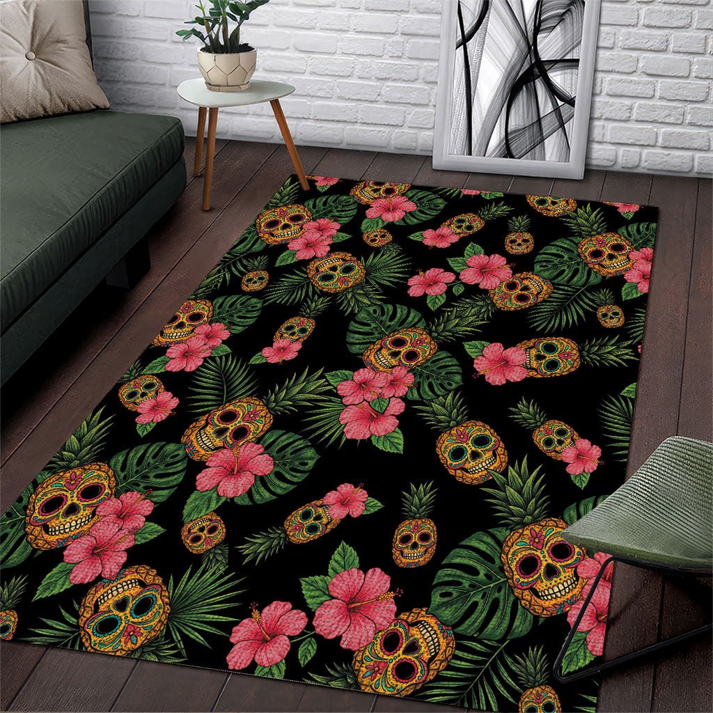 Tropical Calavera Hawaiian Area Rug Sugar Skull Pineapple Hibiscus Floral