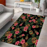 Tropical Calavera Hawaiian Area Rug Sugar Skull Pineapple Hibiscus Floral