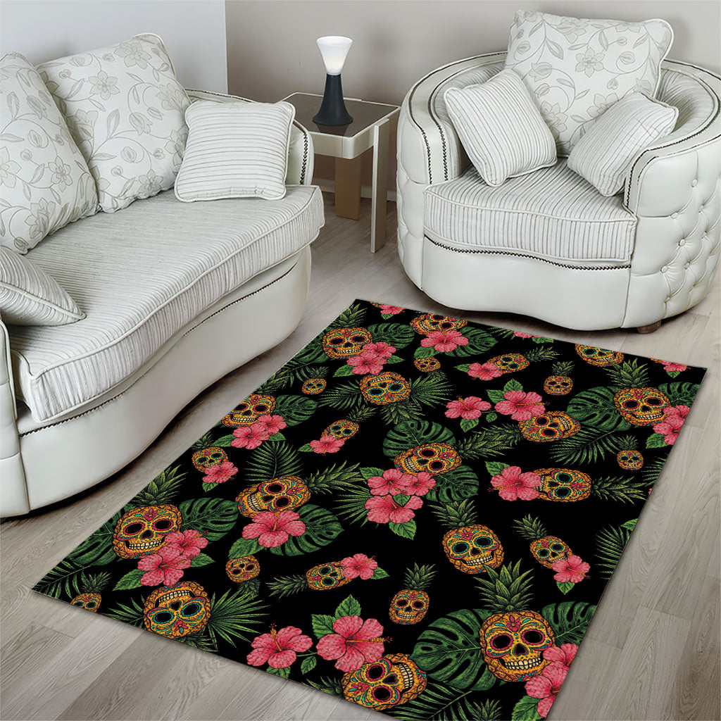 Tropical Calavera Hawaiian Area Rug Sugar Skull Pineapple Hibiscus Floral
