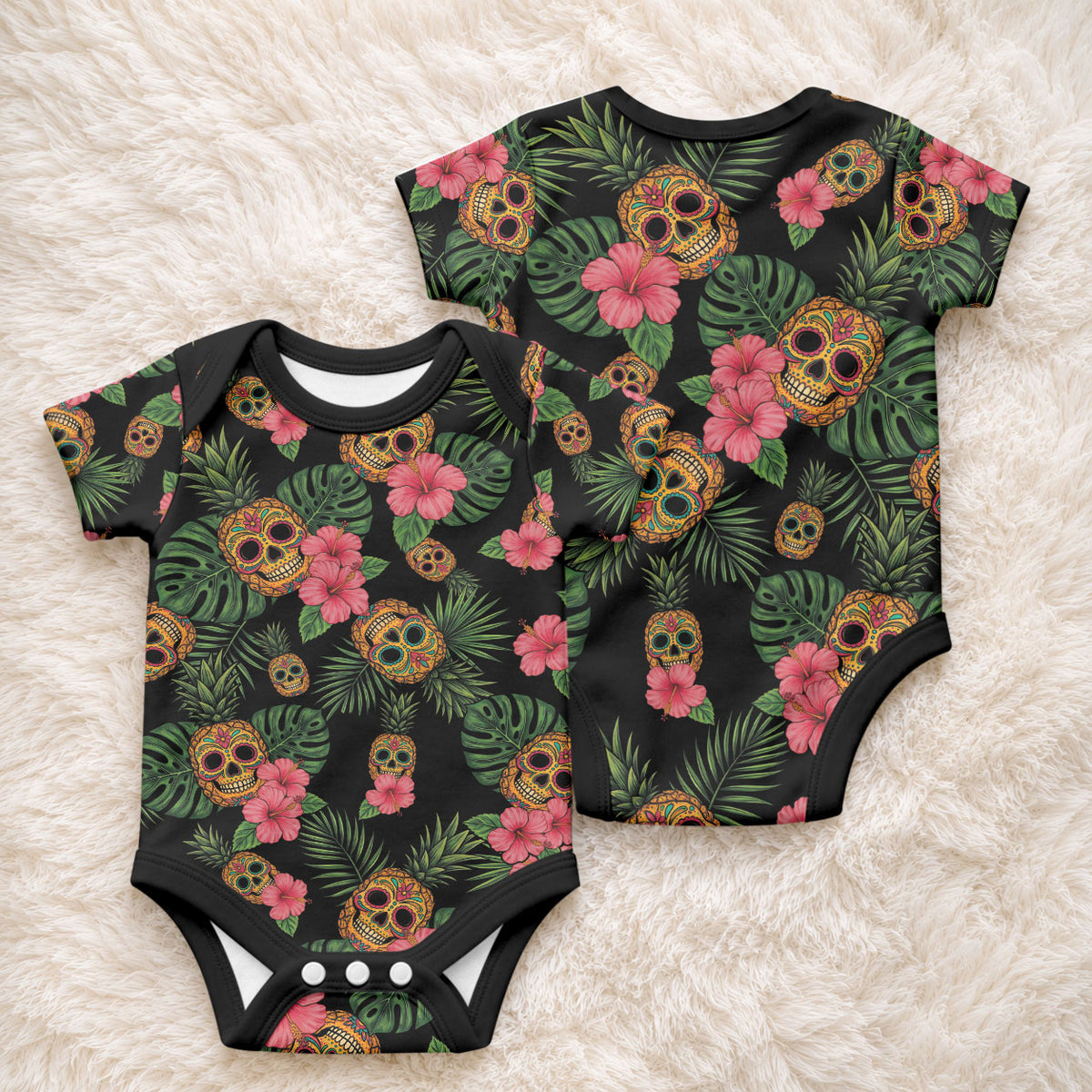 Tropical Calavera Hawaiian Baby Onesie Sugar Skull Pineapple Hibiscus Floral