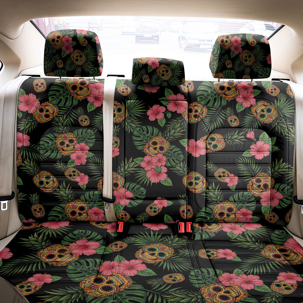 Tropical Calavera Hawaiian Back Car Seat Cover Sugar Skull Pineapple Hibiscus Floral