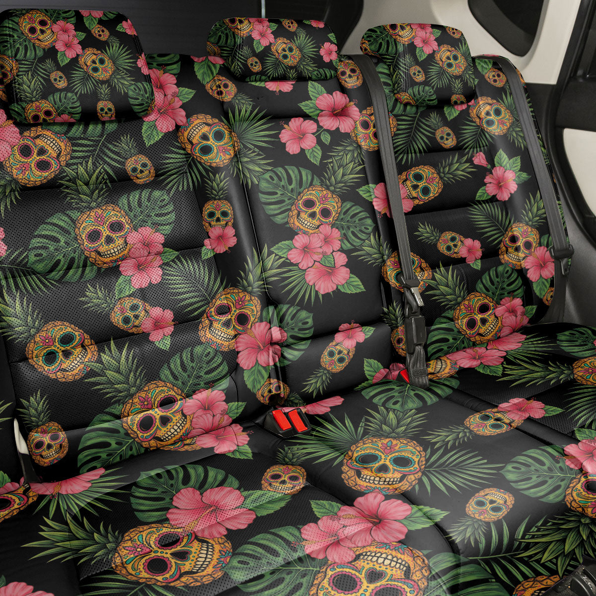 Tropical Calavera Hawaiian Back Car Seat Cover Sugar Skull Pineapple Hibiscus Floral