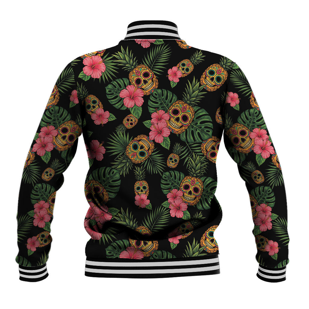 Tropical Calavera Hawaiian Baseball Jacket Sugar Skull Pineapple Hibiscus Floral