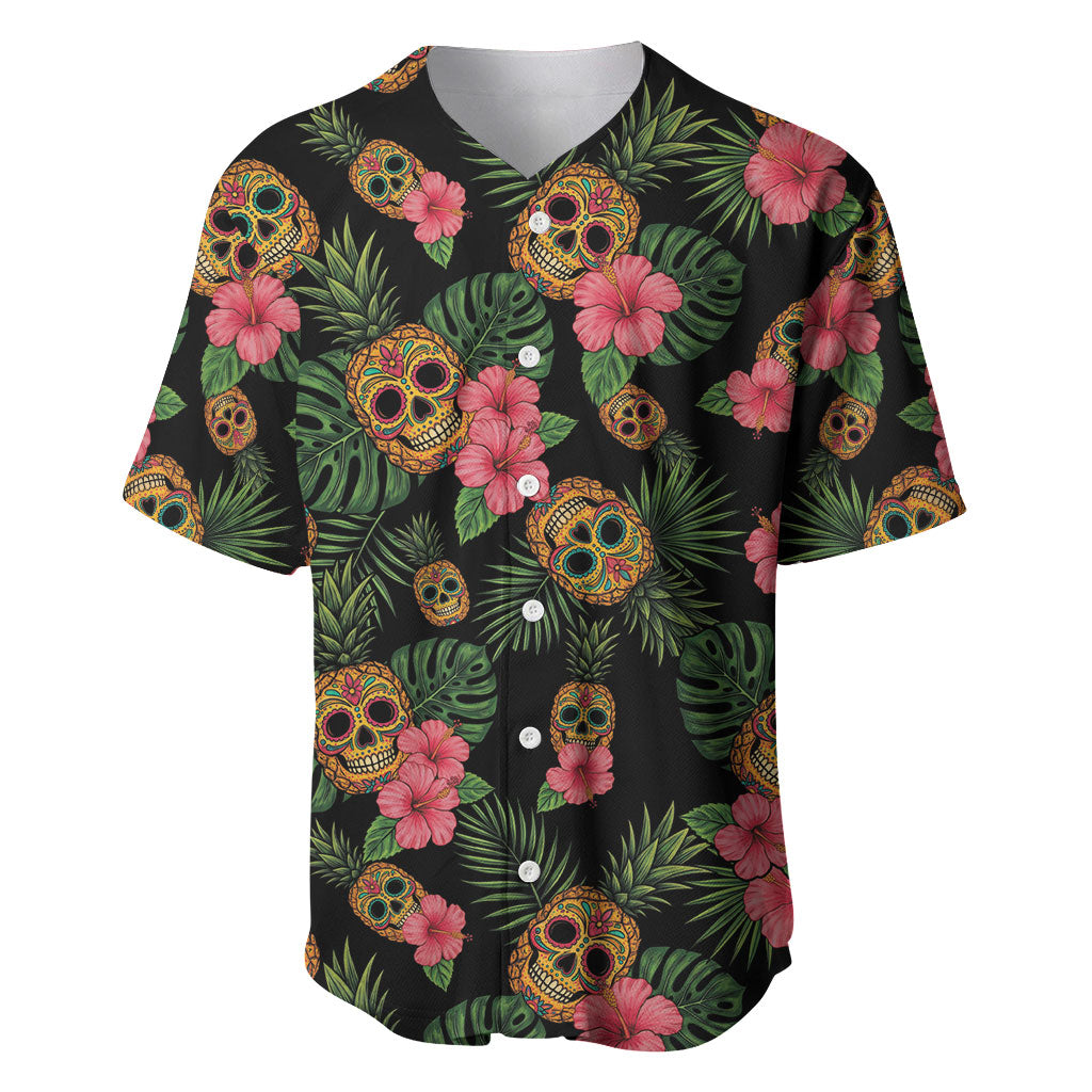 Tropical Calavera Hawaiian Baseball Jersey Sugar Skull Pineapple Hibiscus Floral DT05 Black - Polynesian Pride