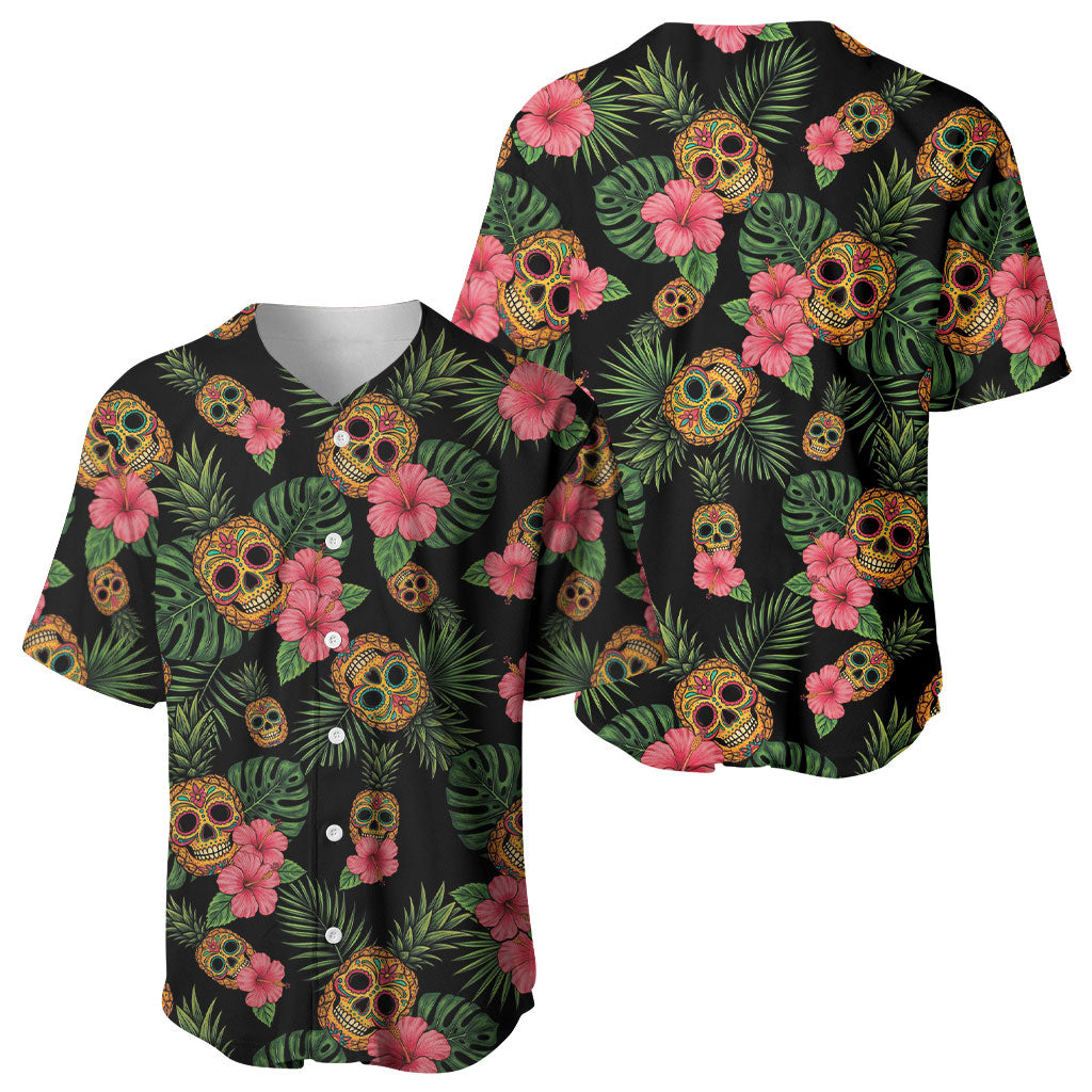 Tropical Calavera Hawaiian Baseball Jersey Sugar Skull Pineapple Hibiscus Floral